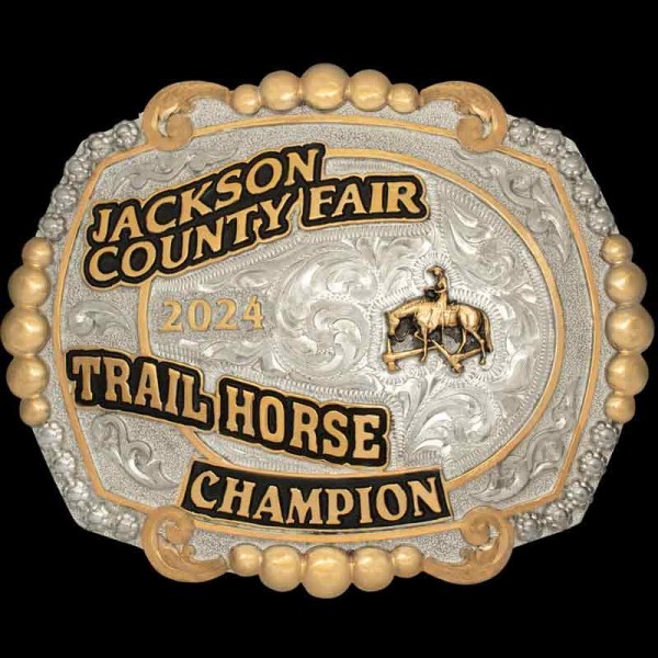 The Shelbyville Belt Buckle, named after the Walking Horse Capital of the World, is the silver buckle you are searching for! Classic Western Flair with bronze details and black enamel. Customize it now!